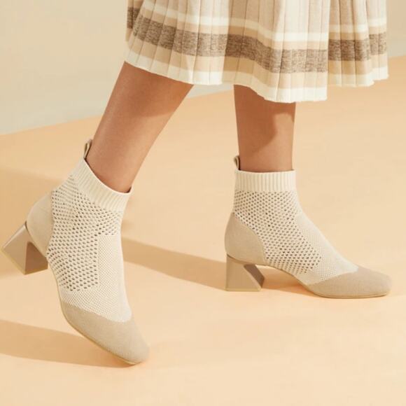 Vivaia Melissa Square-Toe Perforated Heeled Sock Boots Cream Ivory - Picture 1 of 16